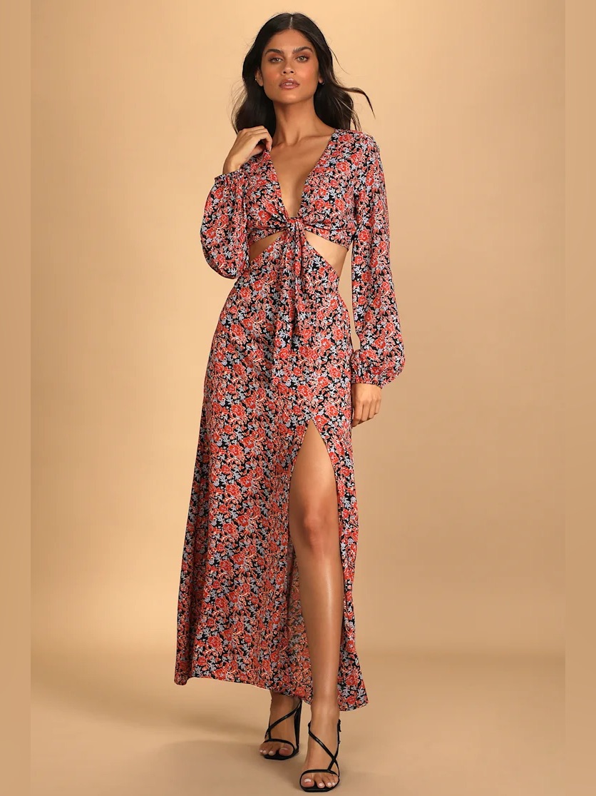 Lulu’s Bloom Ready Black Floral Print Cutout Long Sleeve Maxi Dress